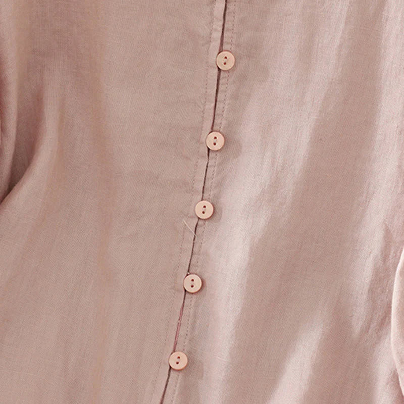 Buddha Stones Solid Buttons V-Neck Half Sleeve Women's Shirt