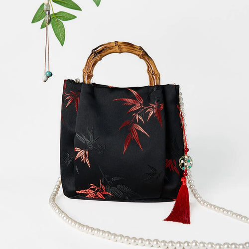 Buddha Stones Polyester Cotton Embroidery Leaves Bamboo Handle Pearl Crossbody Bag Hangbags