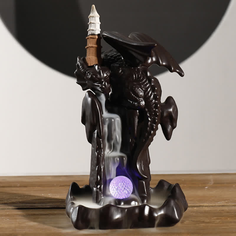 Buddha Stones Nordic Dragon Ceramic Backflow Smoke Fountain Meditation Healing Incense Burner Led Ball Decoration