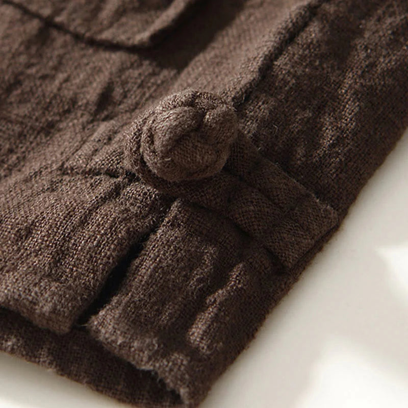 Buddha Stones Solid Color Men's Buttons Long Sleeve Cotton Linen Shirt With Pockets