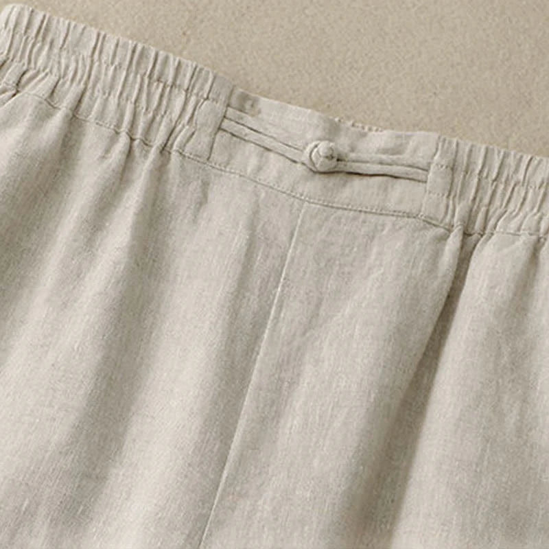 Buddha Stones Daily Solid Color Elastic Waistband Frog-Button Cotton Women's Wide Leg Pants With Pockets