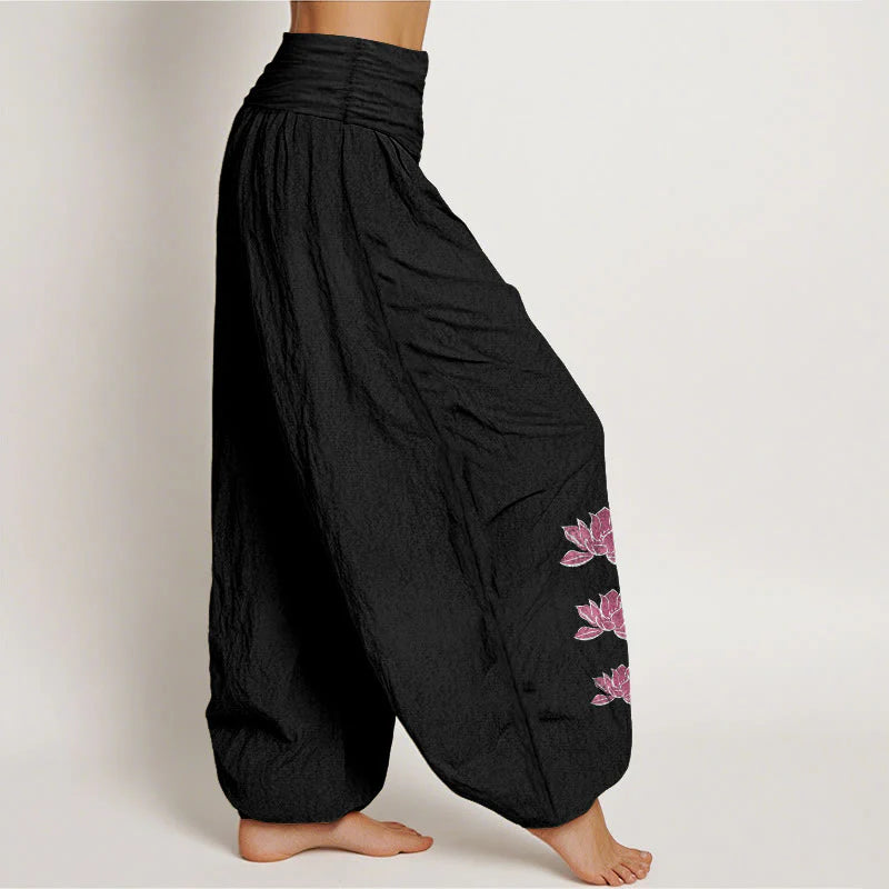 Buddha Stones Casual Lotus Pattern Pure Cotton Women's Elastic Waist Harem Pants