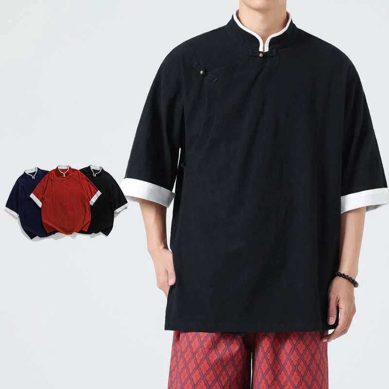 Buddha Stones Vintage Spring Color Matching Collar Slanted Placket Design Men's Half Sleeve Cotton Linen Shirt
