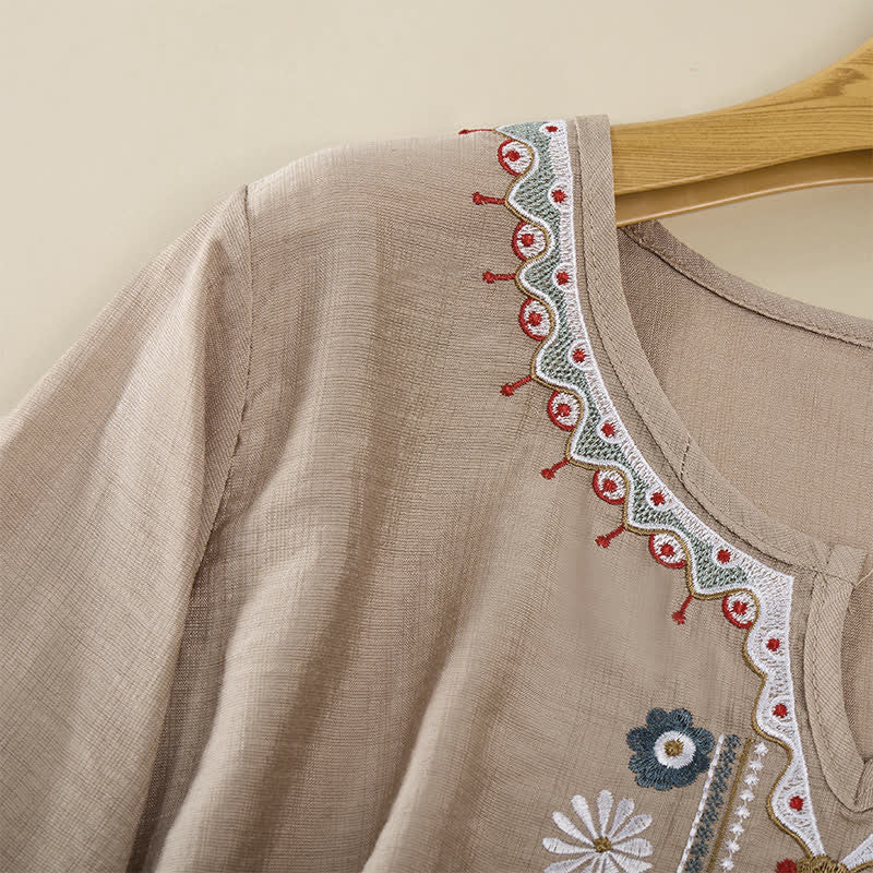 Buddha Stones Spring Boho Embroidered Cotton Linen Elbow-Length Sleeve Women's T-Shirts