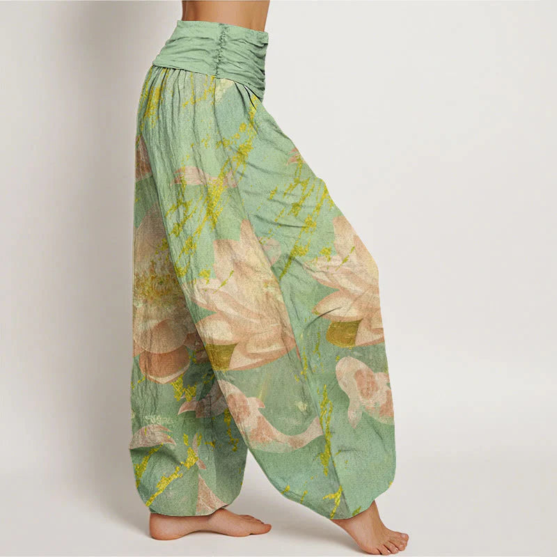 Buddha Stones Cotton Casual Lotus Flower Koi Fish Pattern Women's Harem Pants