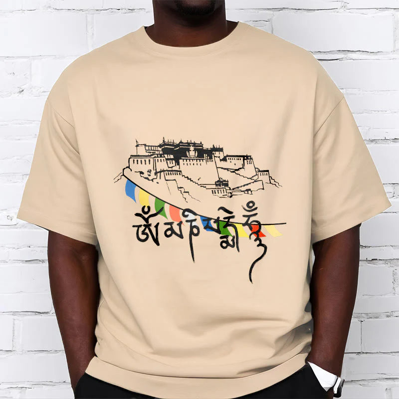 Buddha Stones Potala Palace Om Mani Padme Hum Prayer Flags Cotton Tee T-shirt
