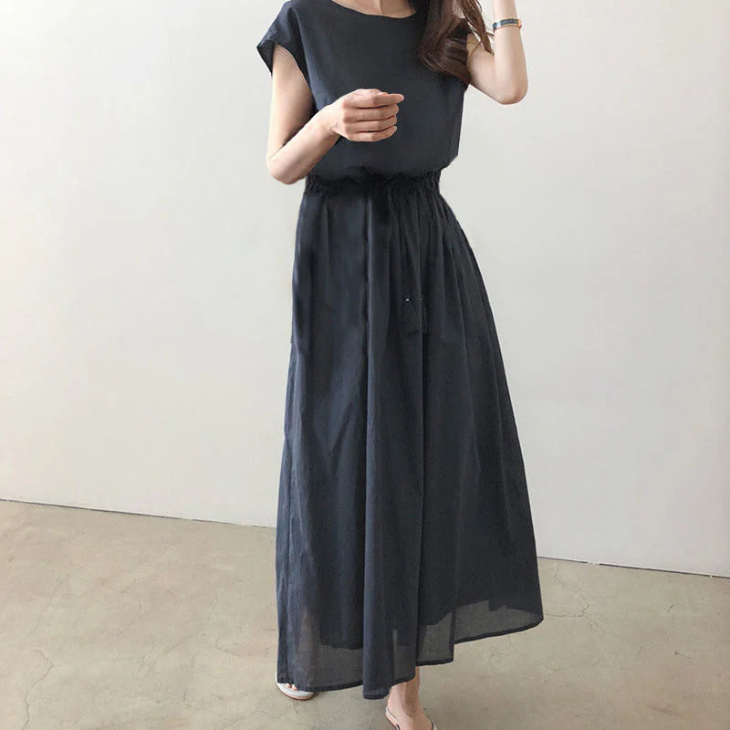 Buddha Stones Casual Eastic Waist Drawstring Design Short Sleeve Cotton Linen Midi Dress