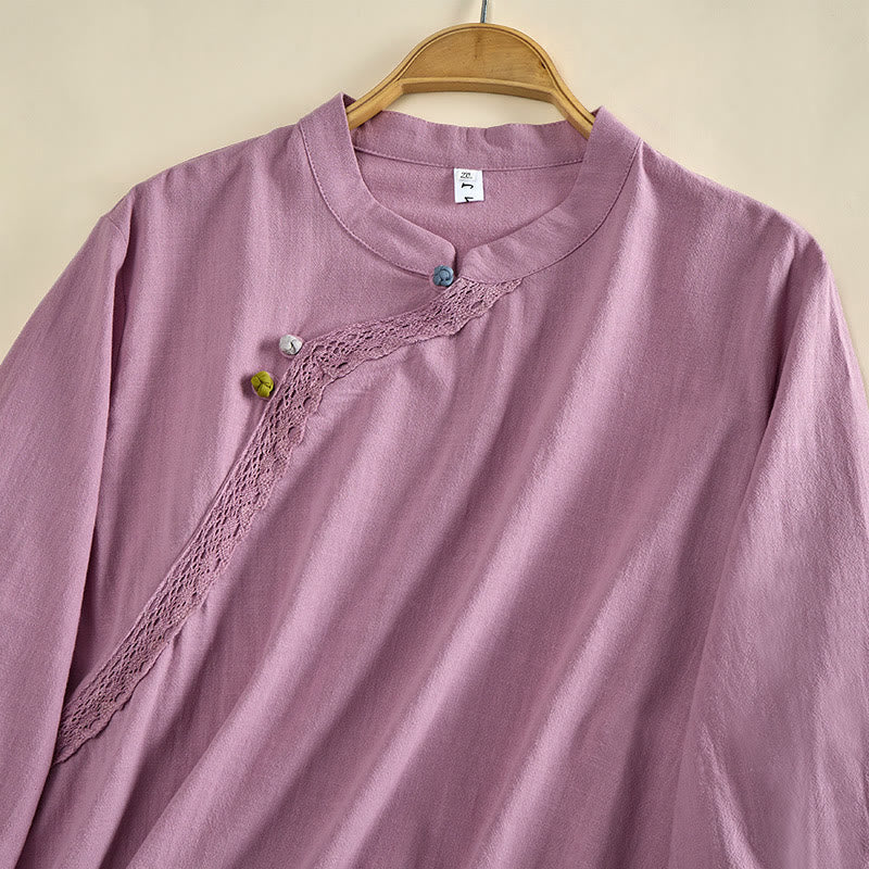 Buddha Stones Plain Crew Neck Frog-Button Long Sleeve Women's Cotton Shirt