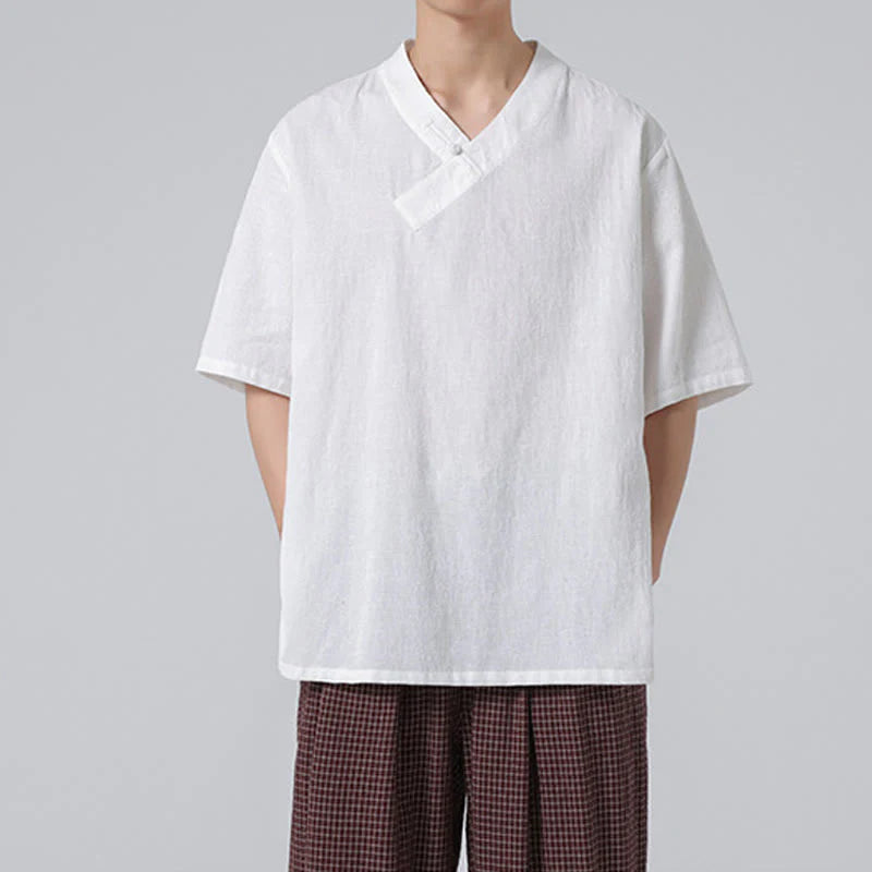 Buddha Stones Ethnic Distressed Jacquard Frog-Button Men's Stand Collar Half Sleeve Cotton Linen Shirt Tai Chi Clothes