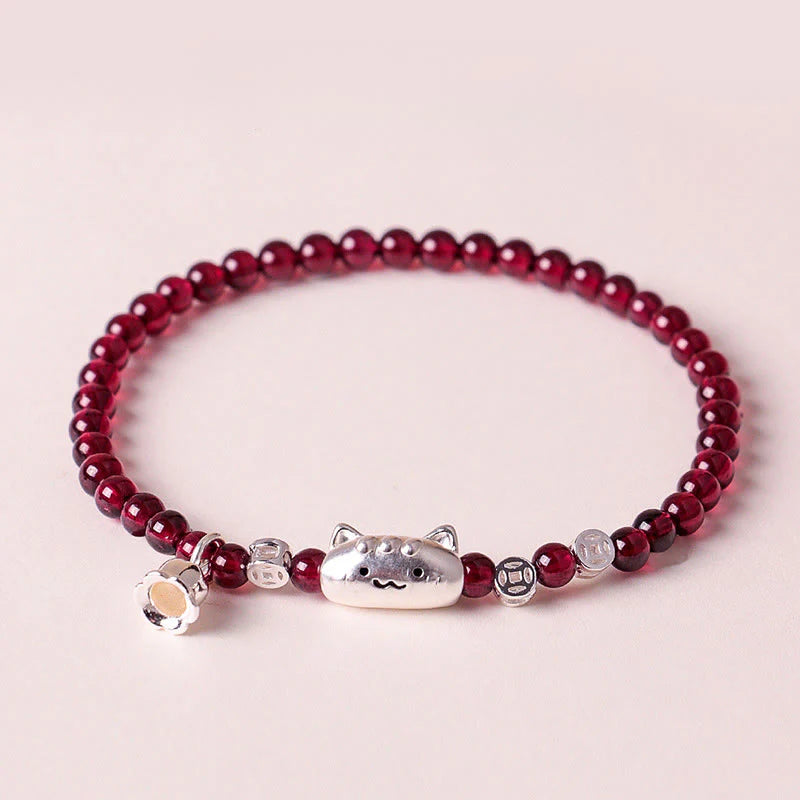 Buddha Stones 999 Sterling Silver Natural Cute Cat Head Garnet Protection Bead Bracelet
