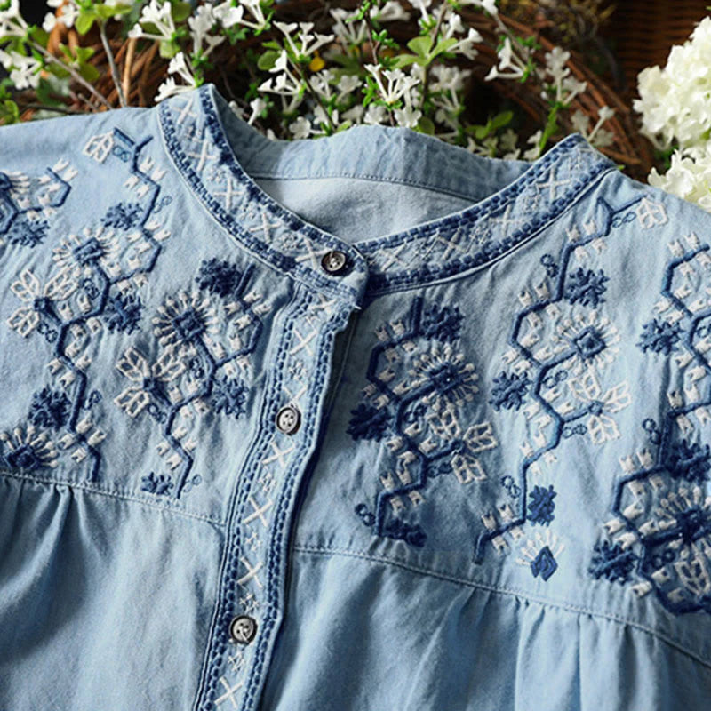 Buddha Stones Geometry Floral Embroidery Cotton Denim Half Buttons Long Sleeve Women's Shirt