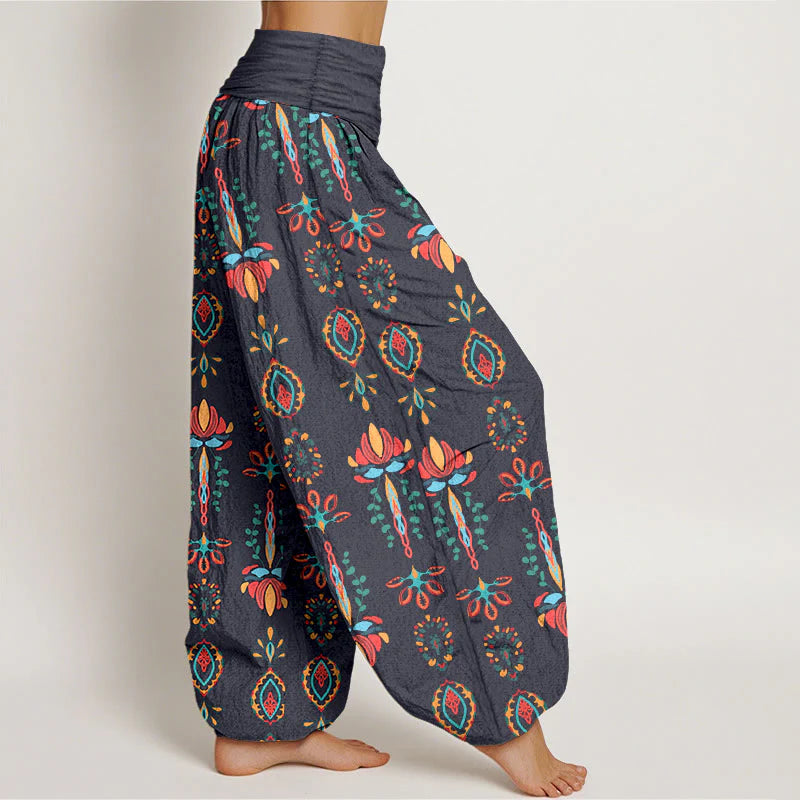 Buddha Stones Pure Cotton Colorful Lotus Flowers Green Leaves Geometric Women's Elastic Waist Harem Pants