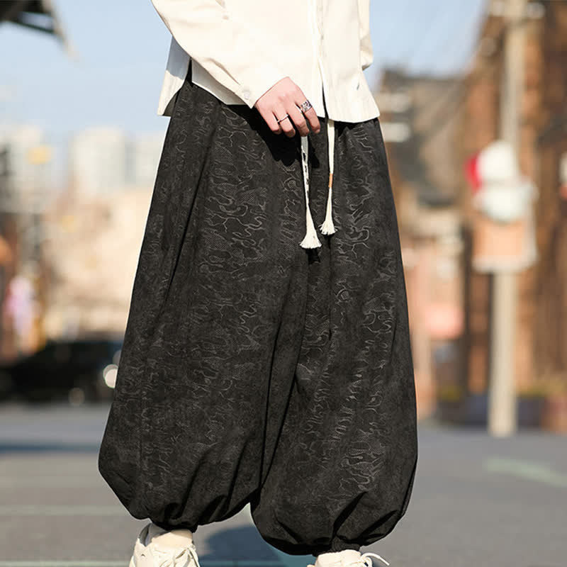 Buddha Stones Black Jacquard Drawstring Elastic Cuff Men's Harem Pants With Pockets