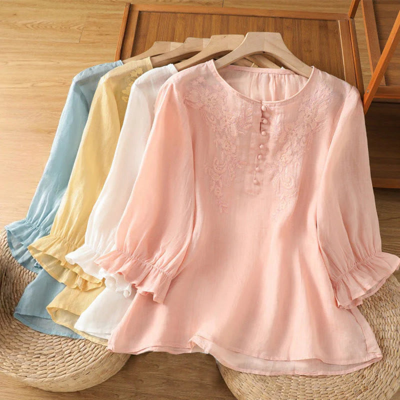 Buddha Stones Flower Vines Embroidery Button Crew Neck Three Quarter Sleeve Women's Cotton Shirt