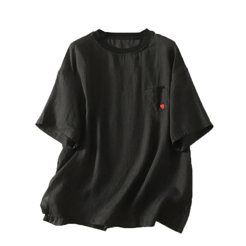 Buddha Stones Casual Embroidery Red Heart Short Sleeve Women's Cotton Linen T-Shirt