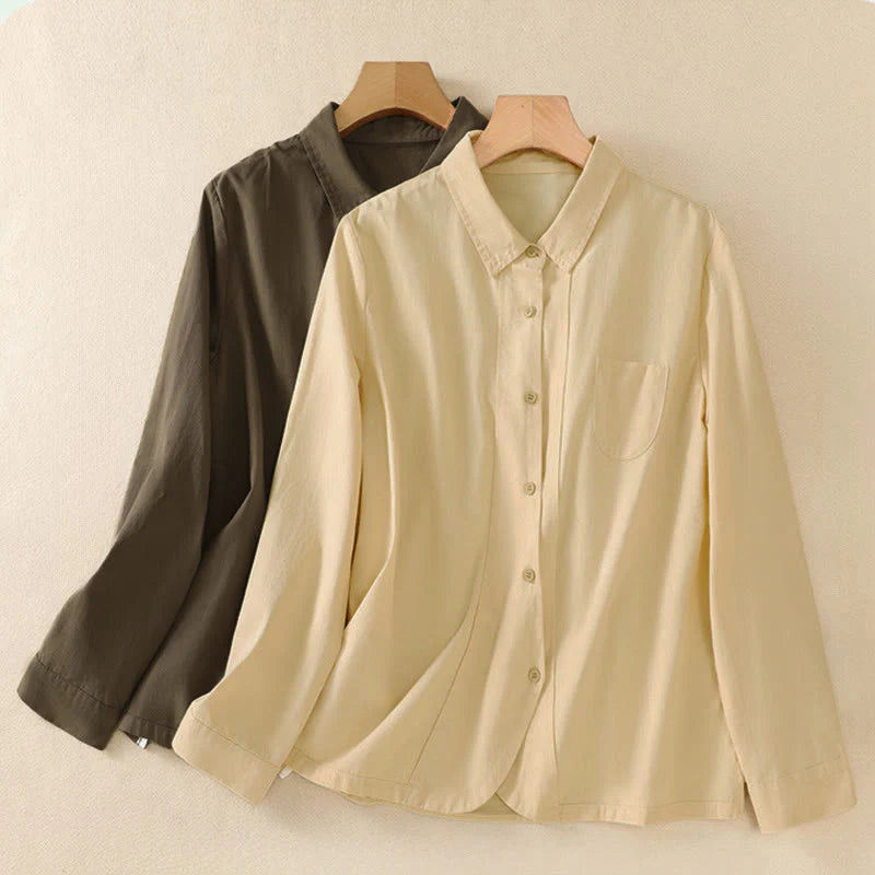 Buddha Stones Spring Lapel Long Sleeve Plain Women's Cotton Buttons Shirt With Pockets