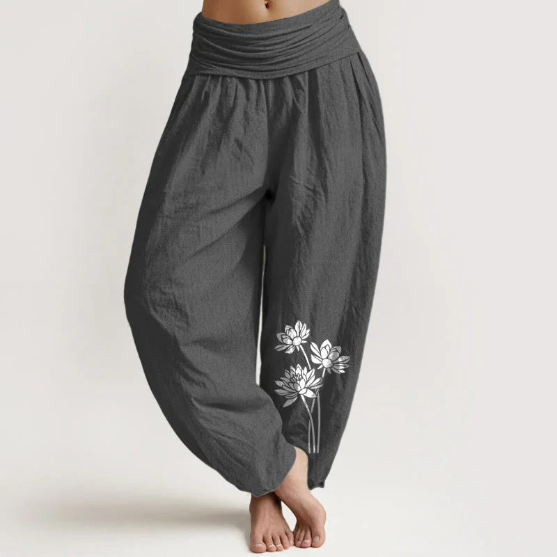Buddha Stones Casual Three Lotus Flowers Pattern Women's Elastic Waist Harem Cotton Pants
