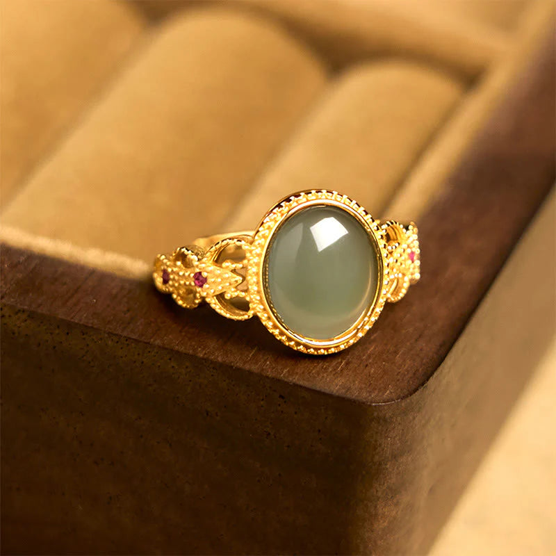 Buddha Stones Natural 925 Sterling Silver Plated Gold Hollow Design Jade Luck Ring