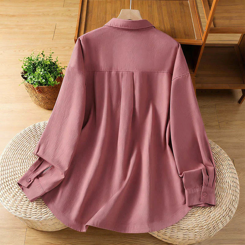 Buddha Stones Spring Plain Lapel Long Sleeve Women's Cotton Shirt With Pockets
