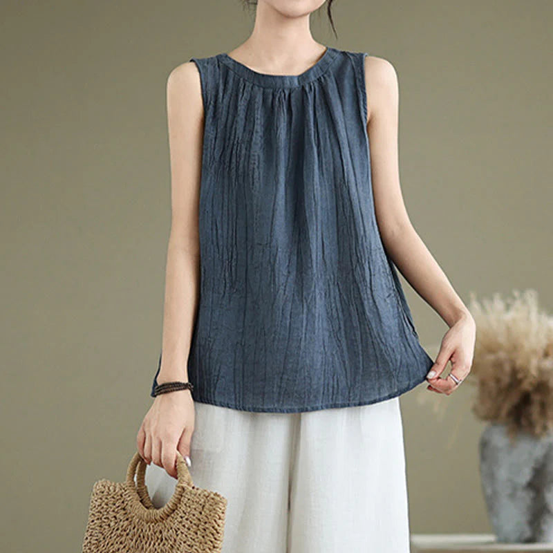 Buddha Stones Summer Wrinkles Simple Design Crew Neck Cotton Linen Women's Sleeveless Vest Waistcoat