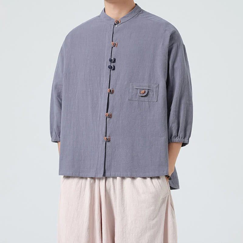 Buddha Stones Summer Frog-Button Front Stand Collar Men's Three Quarter Sleeve Cotton Shirt Cardigan With Pocket