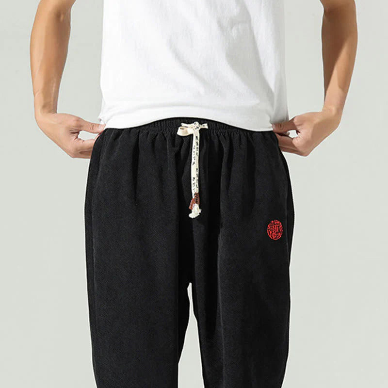 Buddha Stones Fall Plain Corduroy Embroidery Design Men's Harem Pants With Pockets