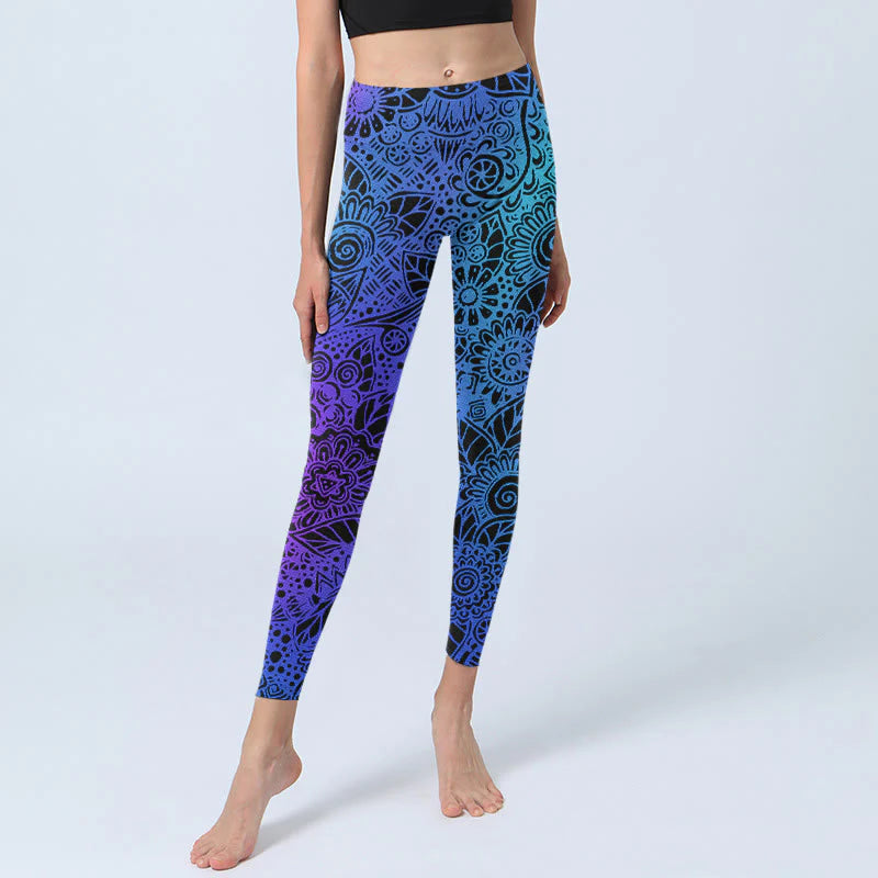 Buddha Stones Flowers And Leaves Pattern Print Gym Leggings Women's Yoga Pants