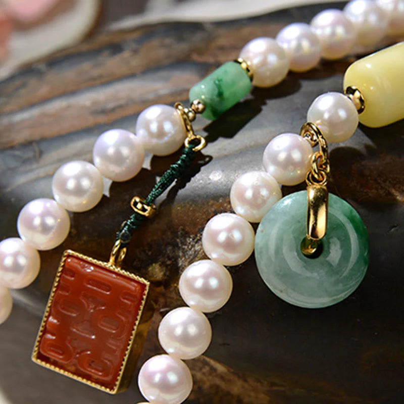 Buddha Stones 925 Sterling Silver Pearl Hetian Jade Red Agate Double Happiness Amber Luck Quadruple Wrap Bracelet (Extra 30% Off | USE CODE: FS30)