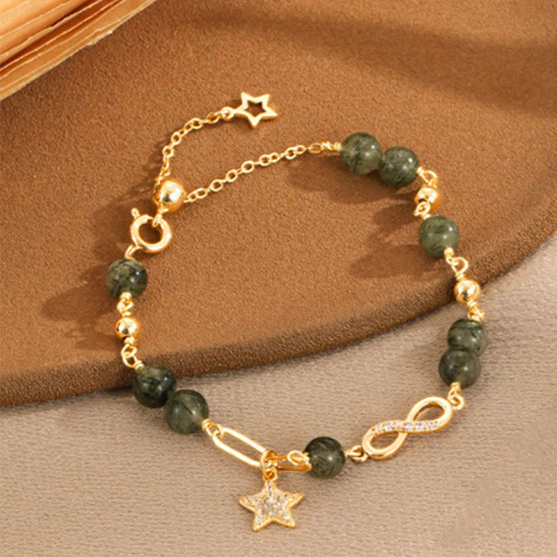 Buddha Stones 14k Gold Plated Copper Green Rutilated Quartz Möbius Loop Eternal Love Star Protection Bracelet
