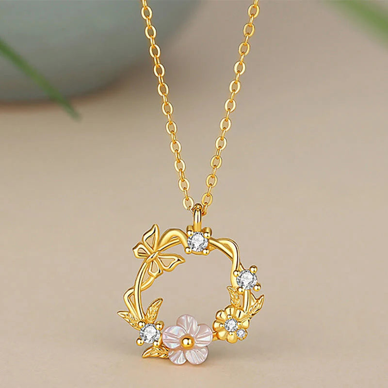 Buddha Stones 925 Sterling Silver Cubic Zirconia Shell Butterfly Peach Blossom Blessing Necklace Pendant