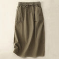 Buddha Stones Vintage Plain Drawstring Button Design Slide Slite Women's Cotton Linen 7-8 Length Skirt With Pockets