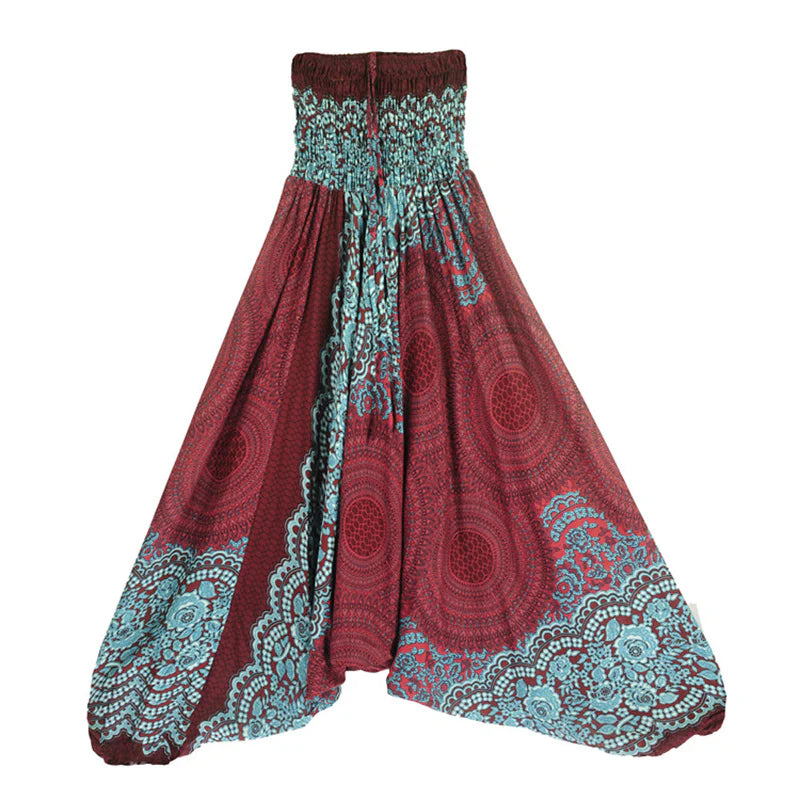 Buddha Stones Two Style Wear Round Geometric Pattern Loose Smocked Harem Trousers Jumpsuit High Waist Women's Yoga Pants