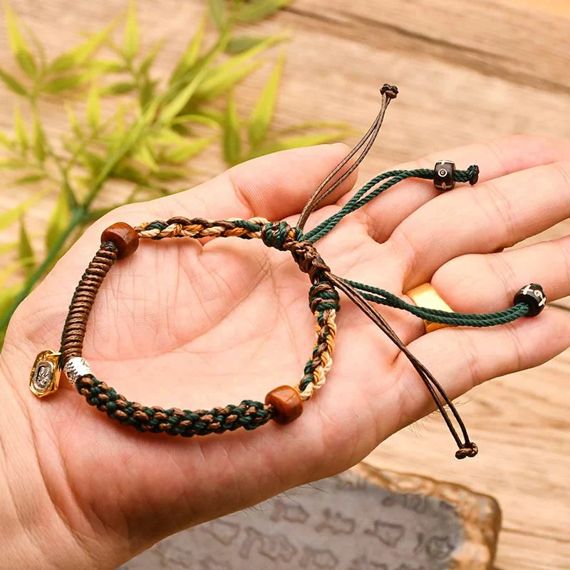 Buddha Stones Handmade Tibetan Zakiram Goddess Of Wealth Wood Protection Braided Bracelet