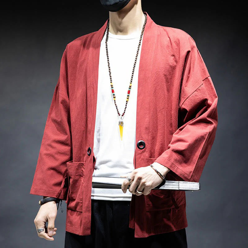 Buddha Stones Solid Color Lace-up Open Front Jacket Cotton Men's Kimono