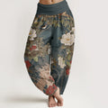 Buddha Stones Pure Cotton Casual Peony Flowers Leaves Magpie Women's Elastic Waist Harem Pants
