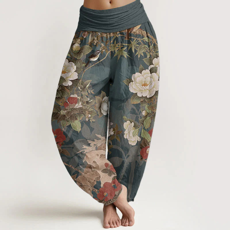 Buddha Stones Pure Cotton Casual Peony Flowers Leaves Magpie Women's Elastic Waist Harem Pants