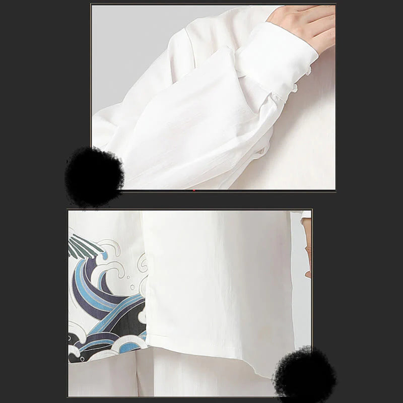 Buddha Stones White Crane Sea Cotton Linen Meditation Prayer Spiritual Zen Tai Chi Qigong Practice Clothing Set