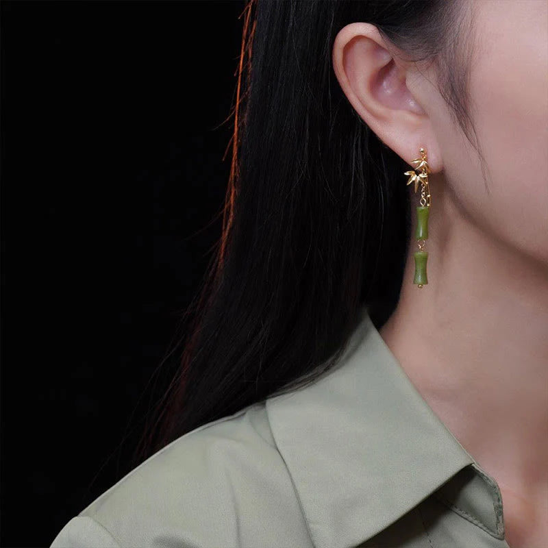Buddha Stones 925 Sterling Silver Posts Copper Plated Gold Natural Peridot Bamboo Leaf Drop Earrings