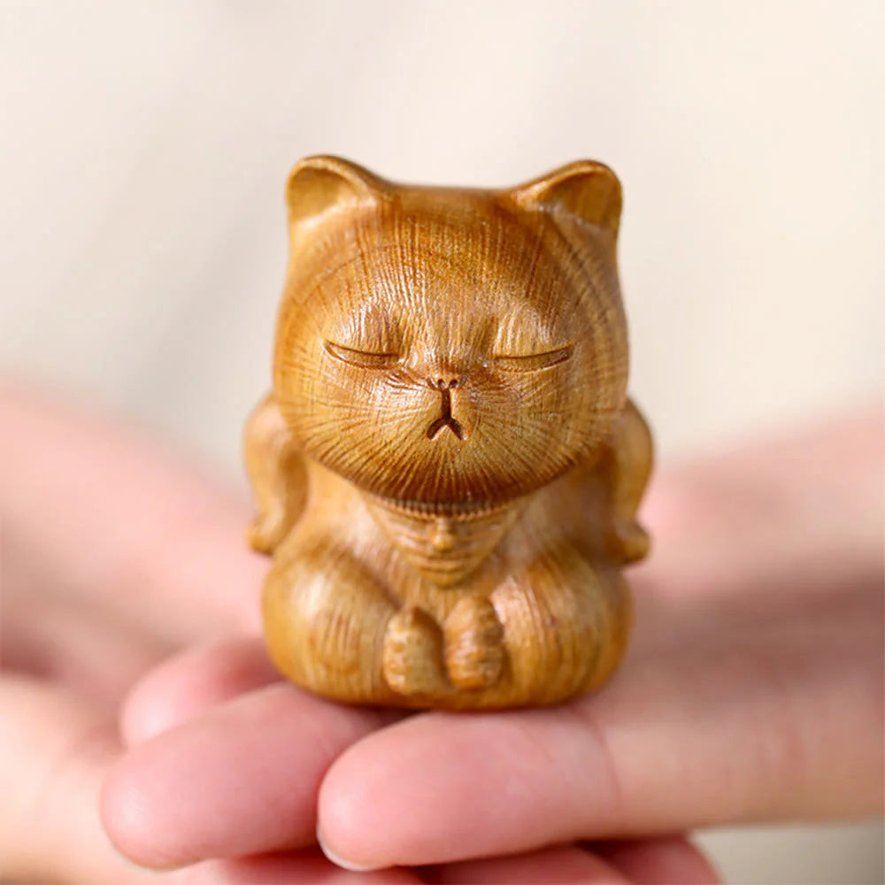 Buddha Stones Small Mini Green Sandalwood Lucky Cat Carved Soothing Decorations