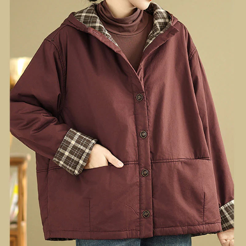 Buddha Stones Plaid Hoodie Pattern Women's Long Sleeve Cotton Thickened Jacket With Pockets
