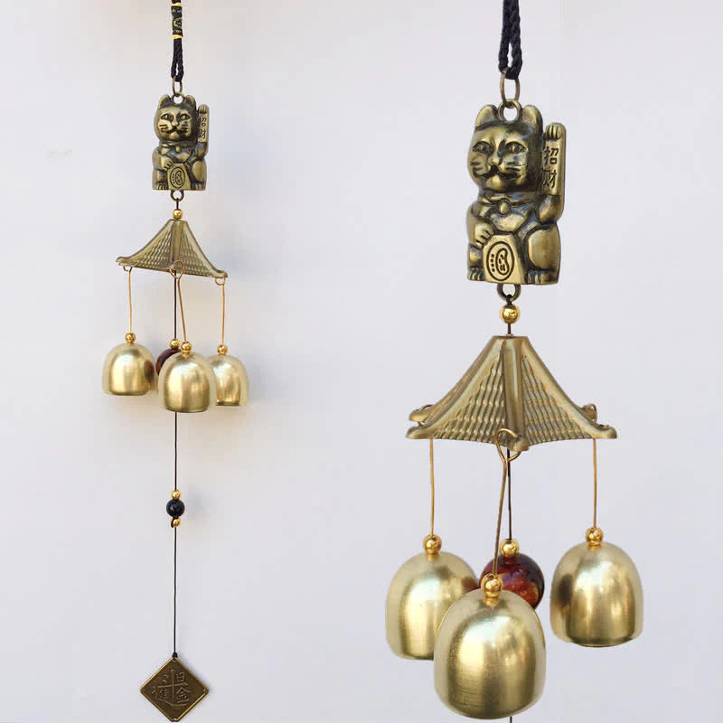 Buddha Stones Auspicious Wealth Cat Wall Hanging Chime Bell Copper Luck Handmade Home Decoration