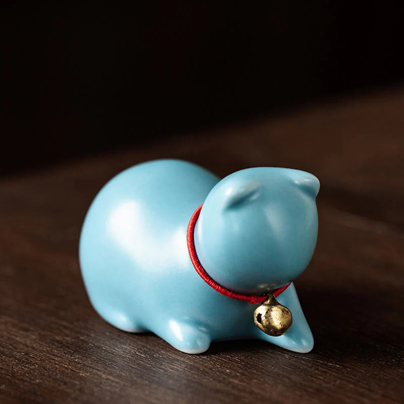 Buddha Stones Mini Cute Standing Lying Cat Tea Pet Ceramic Home Desk Figurine Decoration