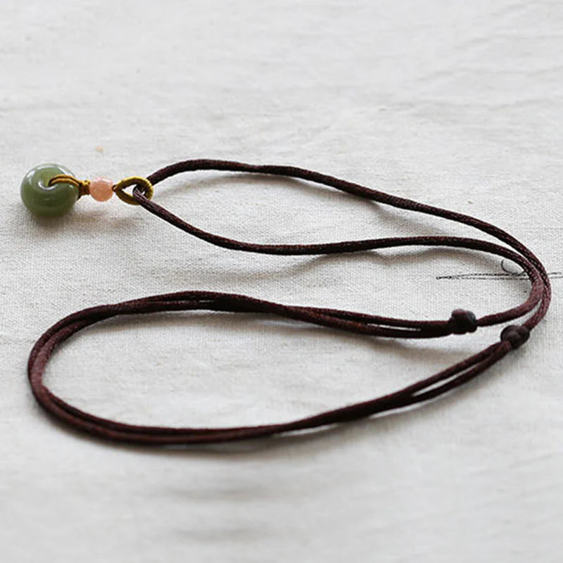 Buddha Stones Natural Round Jade Peace Buckle Lotus Abundance String Necklace Pendant