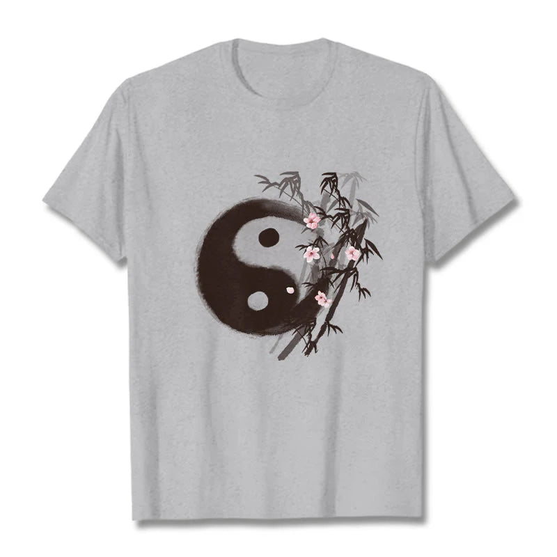 Buddha Stones Yin Yang Bamboo Cherry Blossom Pattern Tee T-shirt