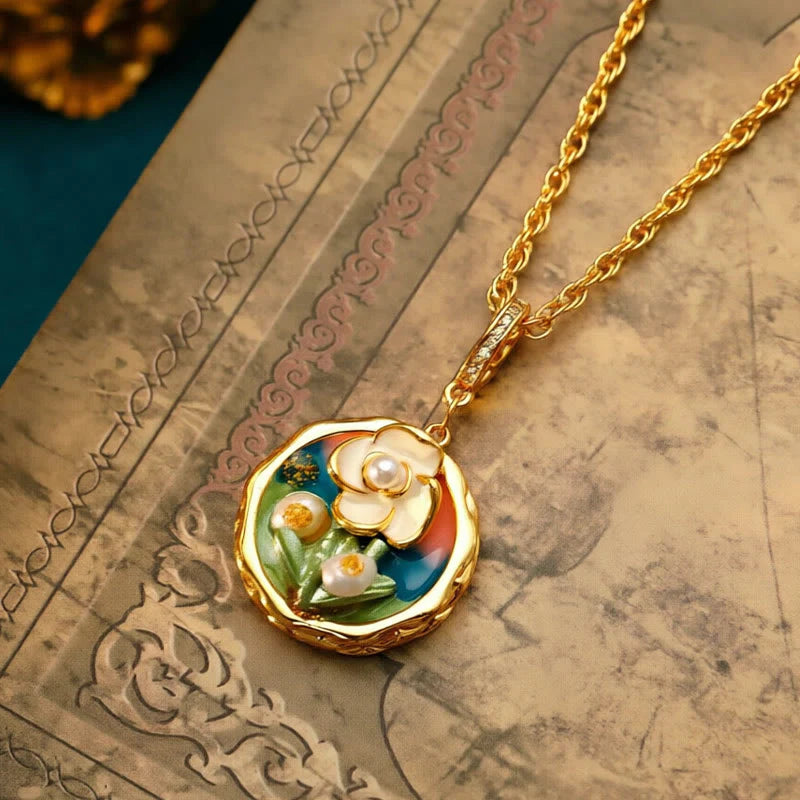 Buddha Stones Retro Round Oil Painting Flower Design Copper Wealth Necklace Pendant
