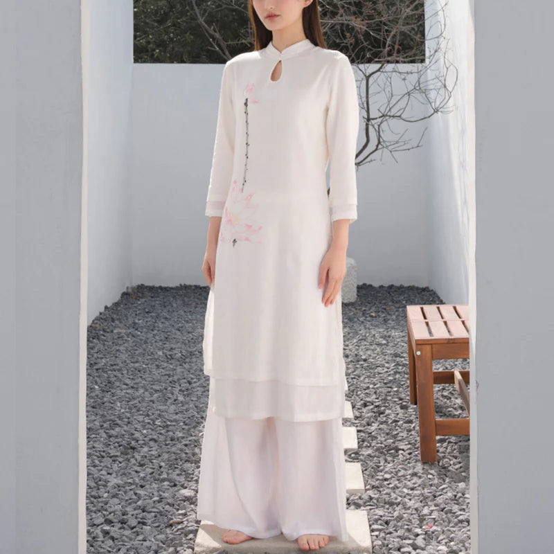 Buddha Stones 2Pcs Lotus Pattern Tai Chi Meditation Yoga Cotton Linen Clothing Top Pants Women's Set  (Extra 30% Off | USE CODE: FS30)
