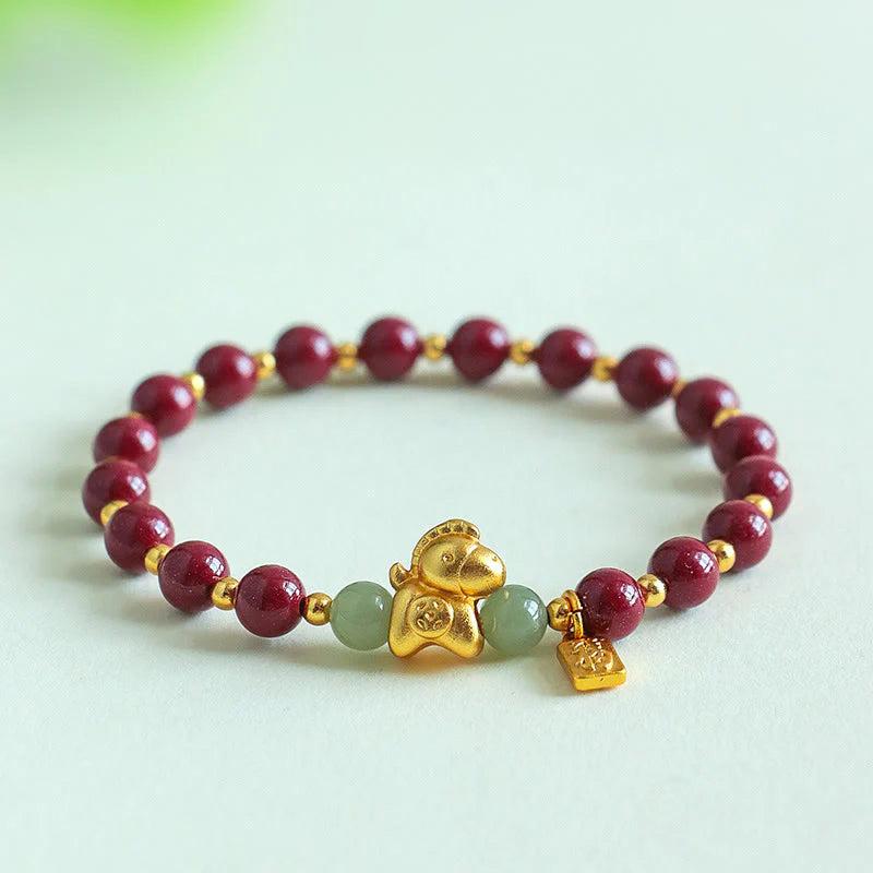 Buddha Stones Chinese Zodiac Year of the Horse Fu Character Cinnabar Hetian Jade Blessing Bracelet