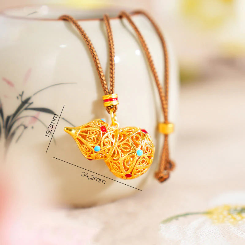 Buddha Stones Hollow Gourd Design 24k Gold Plated Brass Rope Necklace Pendant