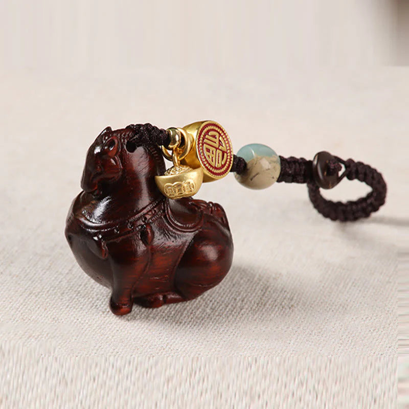 Buddha Stones Year Of The Horse Fu Character Small Leaf Red Sandalwood Various Sandalwood Balance Key Chain