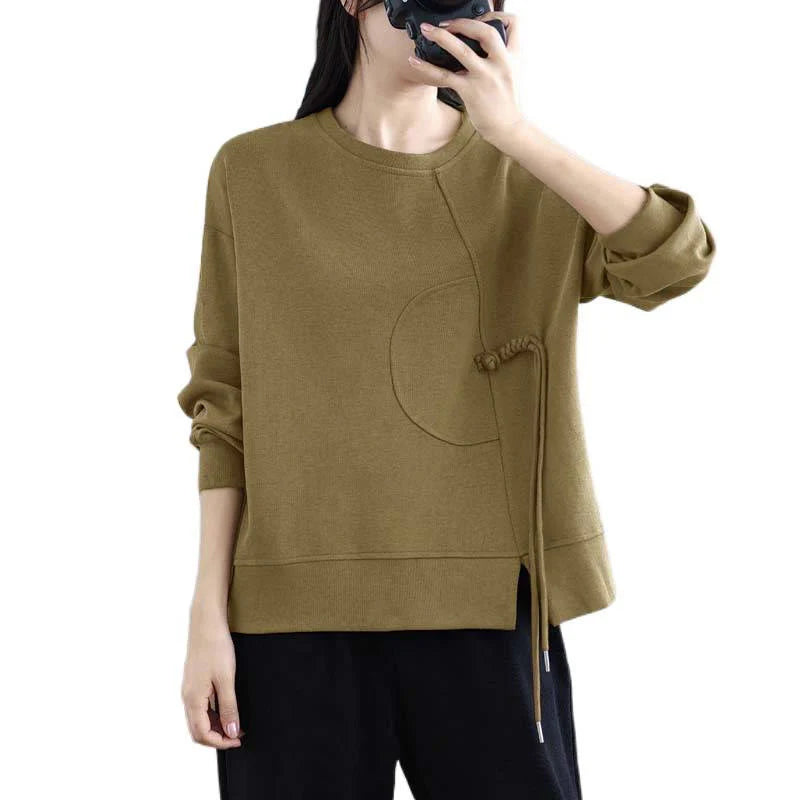 Buddha Stones Plain Frog-button Design Crew Neck Cotton Women's Long Sleeve Sweatshirt